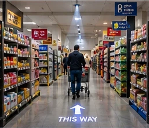 Supermarket aisle with THIS WAY and an arrow projected on the floor ahead of a shopper — Infinity Projectors