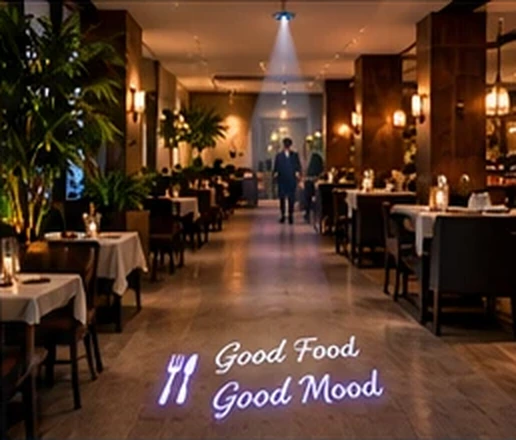 Restaurant dining room with Good Food Good Mood and a fork and knife projected on the floor from the ceiling — Infinity Projectors