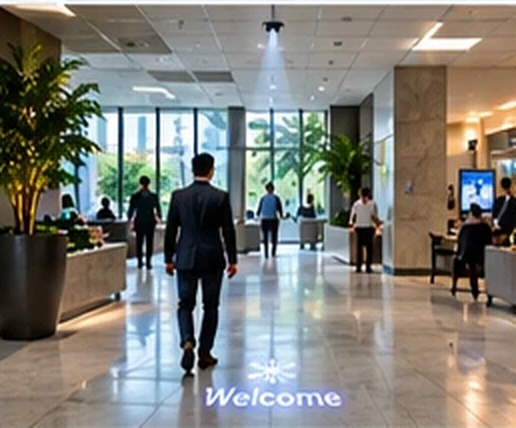Office building lobby with Welcome projected on the floor as a visitor walks in — Infinity Projectors