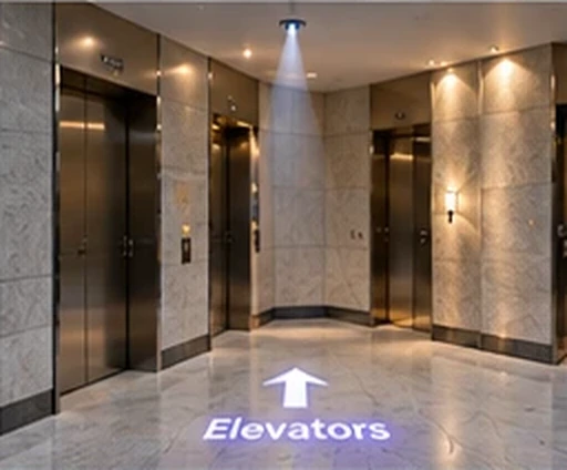 Marble elevator lobby with Elevators and an arrow projected on the floor from a ceiling fixture — Infinity Projectors