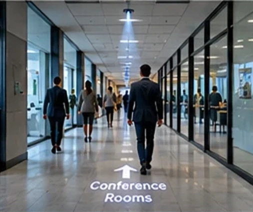 Glass-walled office corridor with Conference Rooms and an arrow projected on the floor — Infinity Projectors
