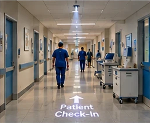 Hospital corridor with Patient Check-In and an arrow projected on the floor — Infinity Projectors