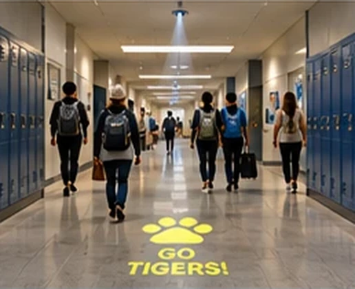 School corridor lined with lockers and GO TIGERS with a paw print projected on the floor — Infinity Projectors
