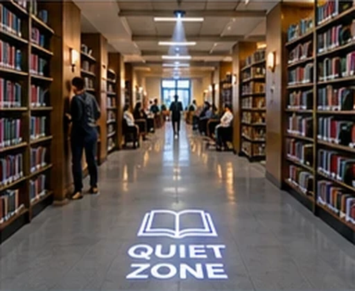 Library aisle between the stacks with QUIET ZONE and an open book projected on the floor — Infinity Projectors