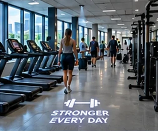 Gym floor with a barbell and STRONGER EVERY DAY projected between the treadmills — Infinity Projectors