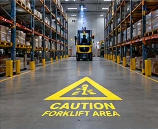 Warehouse aisle with a yellow CAUTION FORKLIFT AREA triangle projected ahead of a forklift — Infinity Projectors