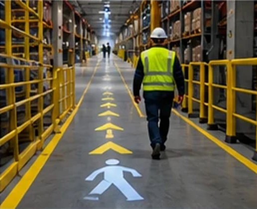 Factory walkway with yellow chevrons and a pedestrian symbol projected along a guarded lane — Infinity Projectors
