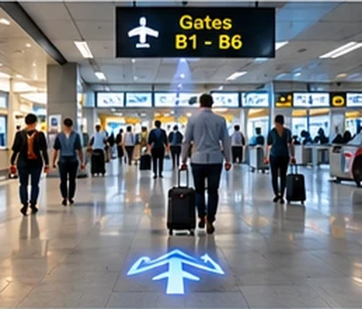 Airport terminal with Gates B1 to B6 and a blue arrow projected on the concourse floor — Infinity Projectors