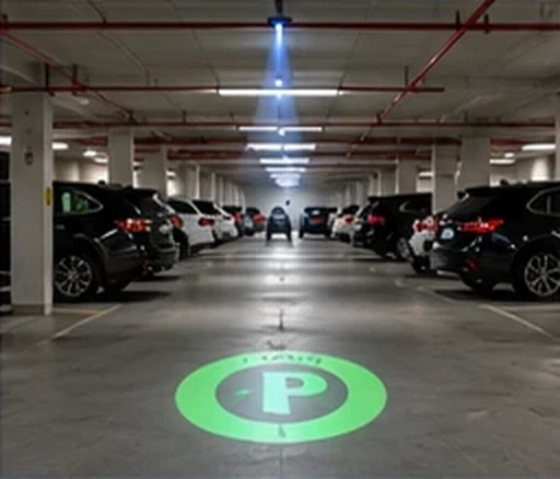 Parking deck with a green P disc projected on the floor between parked cars — Infinity Projectors