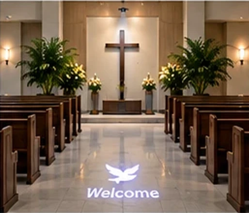Chapel aisle between pews with a dove and Welcome projected on the floor — Infinity Projectors