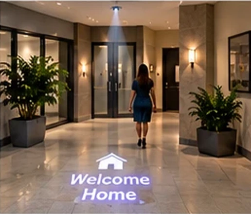Apartment lobby with Welcome Home and a house icon projected on the floor as a woman walks to the doors — Infinity Projectors