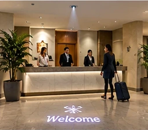 Hotel reception desk with Welcome and a crest projected on the marble floor as a guest arrives with a suitcase — Infinity Projectors