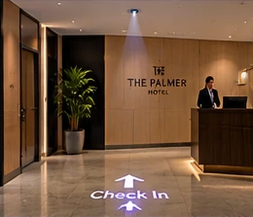 The Palmer Hotel reception with Check In and arrows projected on the floor in front of the desk — Infinity Projectors