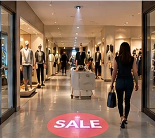 Retail store aisle with a red SALE disc projected on the floor between displays — Infinity Projectors