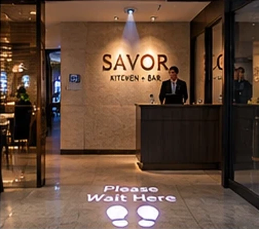 Restaurant host stand with Please Wait Here and footprints projected on the floor — Infinity Projectors