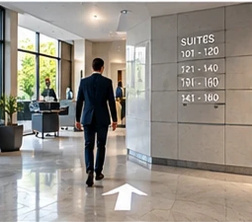 Office lobby with a white arrow projected on the floor beside a Suites directory as a man walks past — Infinity Projectors