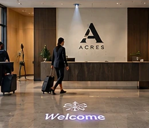 Corporate reception with a company mark and Welcome projected on the lobby floor — Infinity Projectors