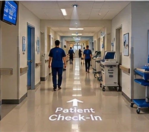 Hospital corridor with Patient Check-In and an arrow projected on the floor near staff in blue scrubs — Infinity Projectors