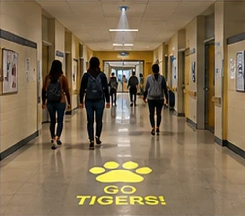 School corridor with a yellow paw print and GO TIGERS projected on the floor — Infinity Projectors
