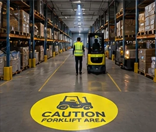 Warehouse aisle with a yellow CAUTION FORKLIFT AREA disc projected ahead of a forklift — Infinity Projectors