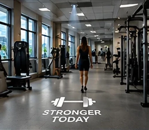 Gym floor with a barbell icon and STRONGER TODAY projected between the machines — Infinity Projectors