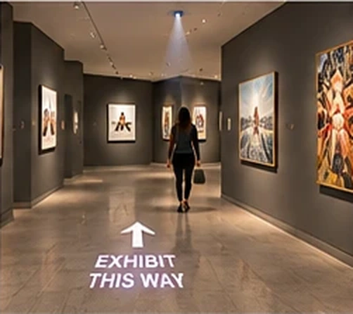 Gallery corridor with EXHIBIT THIS WAY and an arrow projected on the floor — Infinity Projectors