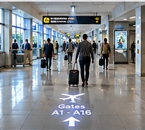 Airport terminal with Gates A1 to A16 and an arrow projected on the concourse floor — Infinity Projectors