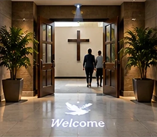Church entrance with a dove and Welcome projected on the floor beneath a cross — Infinity Projectors
