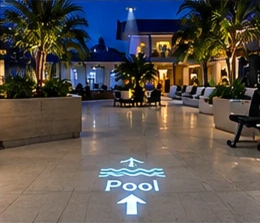 Resort courtyard at night with Pool, a wave icon and arrows projected on the tile toward the pool — Infinity Projectors