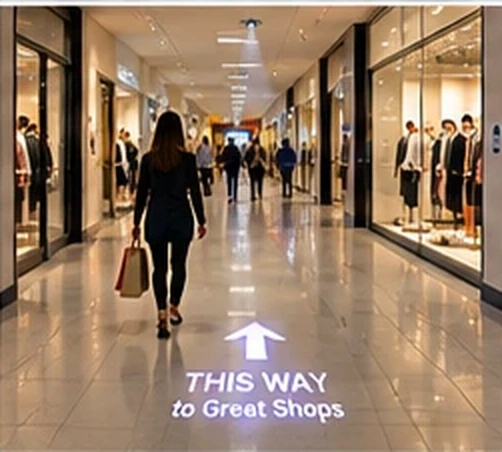 Mall corridor with an arrow and THIS WAY to Great Shops projected on the floor behind a shopper — Infinity Projectors