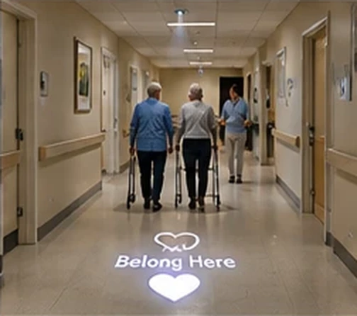 Assisted living corridor with a heart and Belong Here projected on the floor as residents walk — Infinity Projectors
