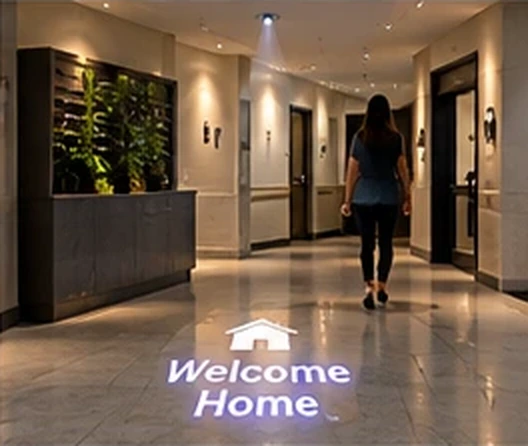 Apartment building lobby with a house icon and Welcome Home projected on the floor — Infinity Projectors