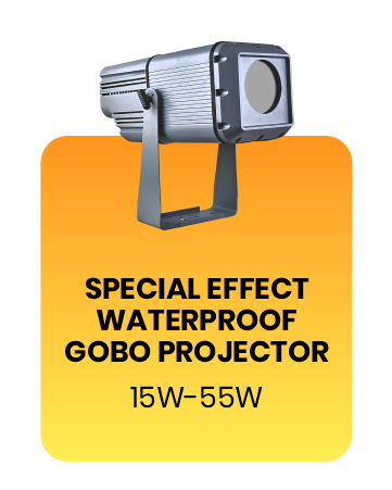 Special effect waterproof gobo projector, silver body, 3/4 view, on an orange gradient card labeled 'Special Effect Waterproof Gobo Projector, 15W-55W' — Infinity Projectors