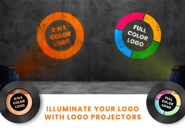 Two Infinity logo projectors on a concrete wall showing a one-color and a full-color gobo — designed hero art — Infinity Projectors