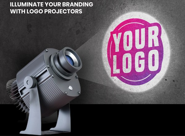 Infinity PowerPrince outdoor gobo projector beaming a glowing YOUR LOGO onto a concrete wall — welcome email hero — Infinity Projectors