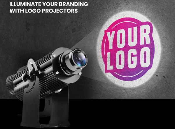 Infinity Titan high-wattage gobo projector beaming a glowing YOUR LOGO onto a concrete wall — welcome email hero (alternate) — Infinity Projectors