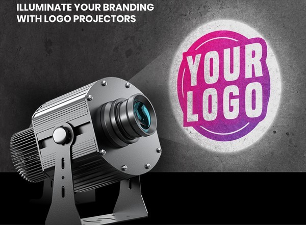 Infinity silver multi-gobo logo projector beaming a glowing YOUR LOGO onto a concrete wall — welcome email hero (alternate) — Infinity Projectors