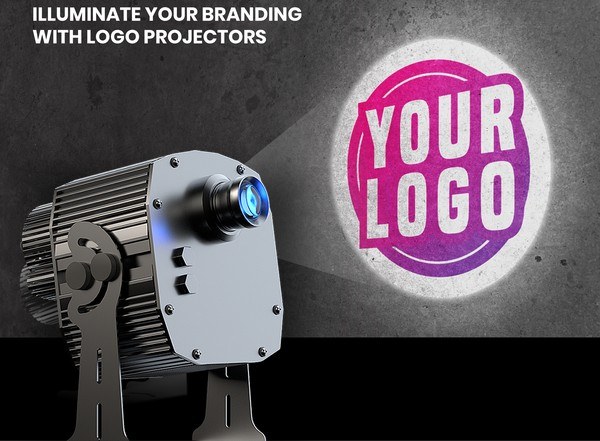 Infinity multi-gobo logo projector beaming a glowing YOUR LOGO onto a concrete wall — welcome email hero — Infinity Projectors