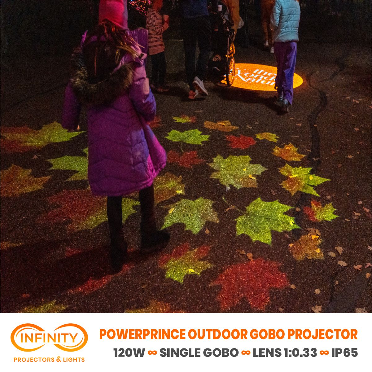 Girl in a purple parka among projected autumn leaves on pavement, product image with logo projector banner