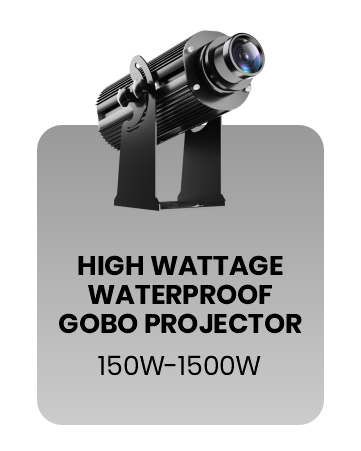 High wattage waterproof gobo projector, black body, 3/4 view, on a grey rounded card labeled 'High Wattage Waterproof Gobo Projector, 150W-1500W' — Infinity Projectors