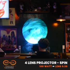 Video: glowing turquoise moon orb projected on a pub wall above seated guests