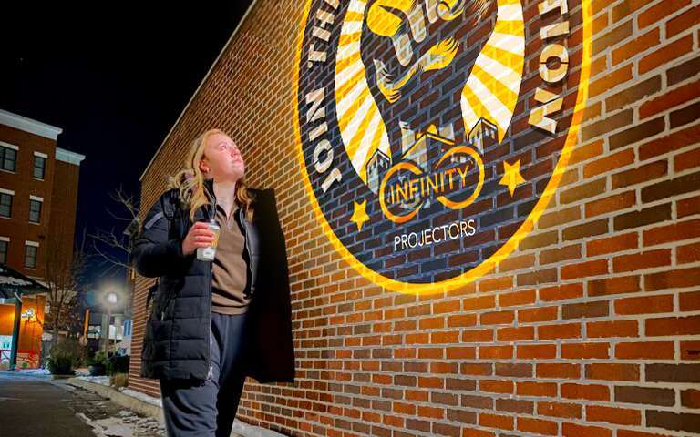 Hero Fixed Wall Badge Proportional logo gobo projection — real Business & Branding install | Infinity Projectors — Infinity Projectors