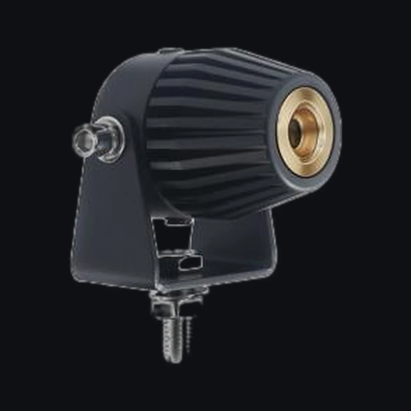 Arch laser warning light: black ribbed aluminum head with a brass lens ring on a black bracket — Infinity Projectors
