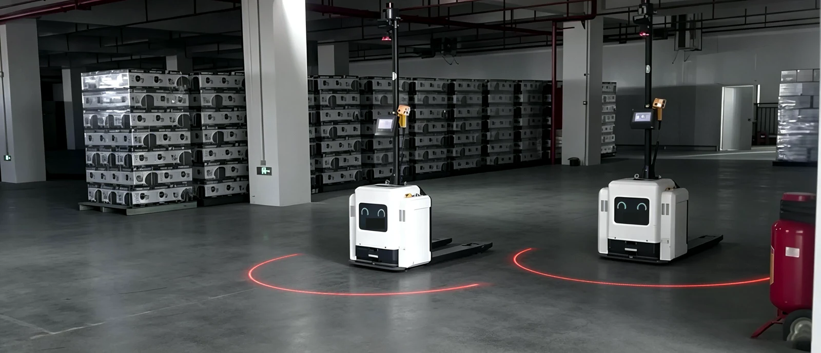 Two AGVs in a warehouse each projecting a red arch on the floor around their front — Infinity Projectors