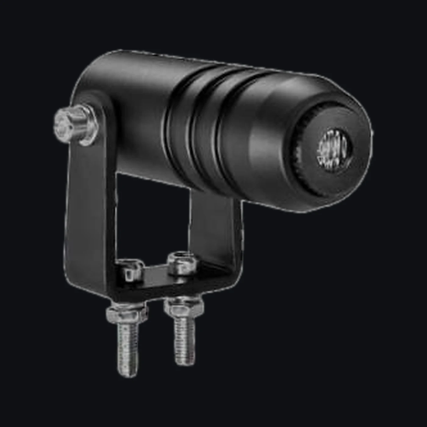Arrow laser warning light: black ribbed aluminum head on a black bracket with two mounting studs — Infinity Projectors
