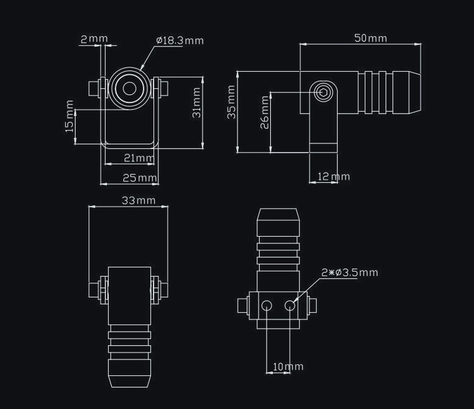 Block arrow laser warning light dimension drawing with head and bracket measurements in millimeters — Infinity Projectors