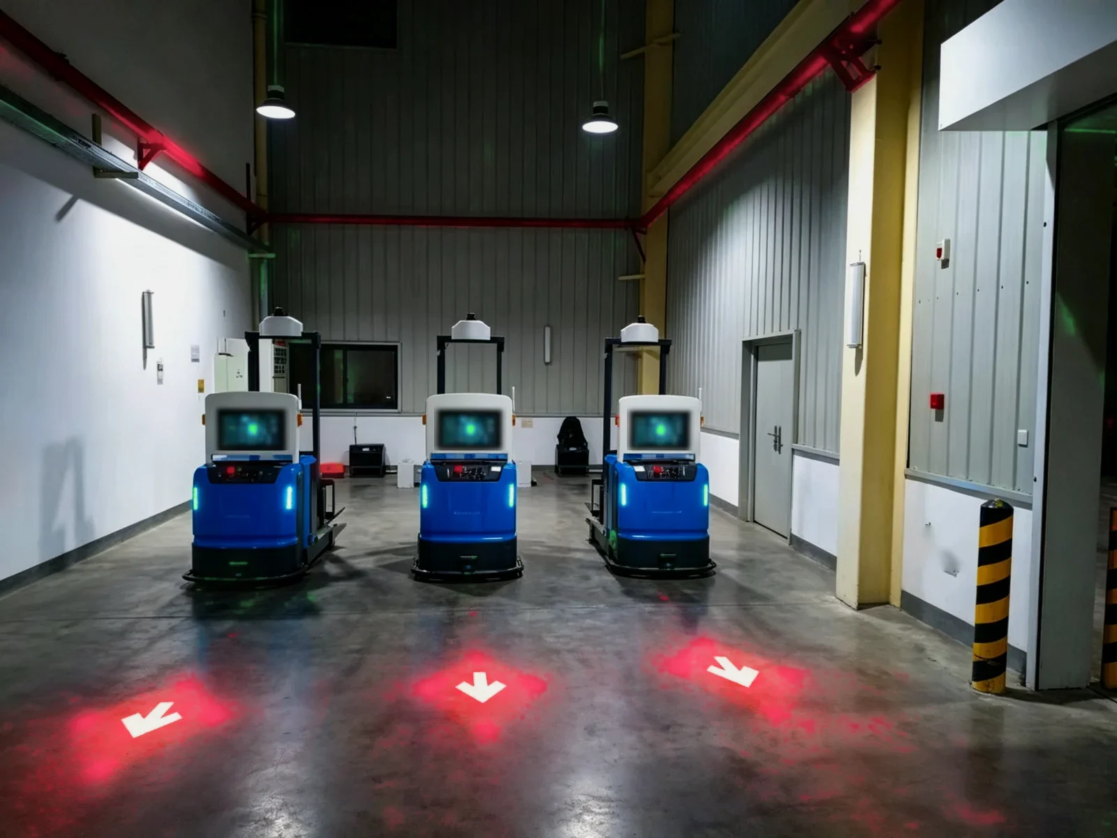 Three AGVs in a warehouse, each projecting a red block arrow ahead — Infinity Projectors