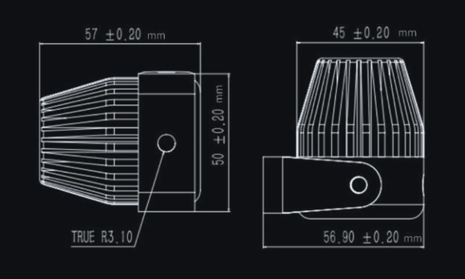Circle laser warning light dimension drawing: 57 mm long, 45 mm wide, 50 mm high, bracket 56.9 mm across — Infinity Projectors