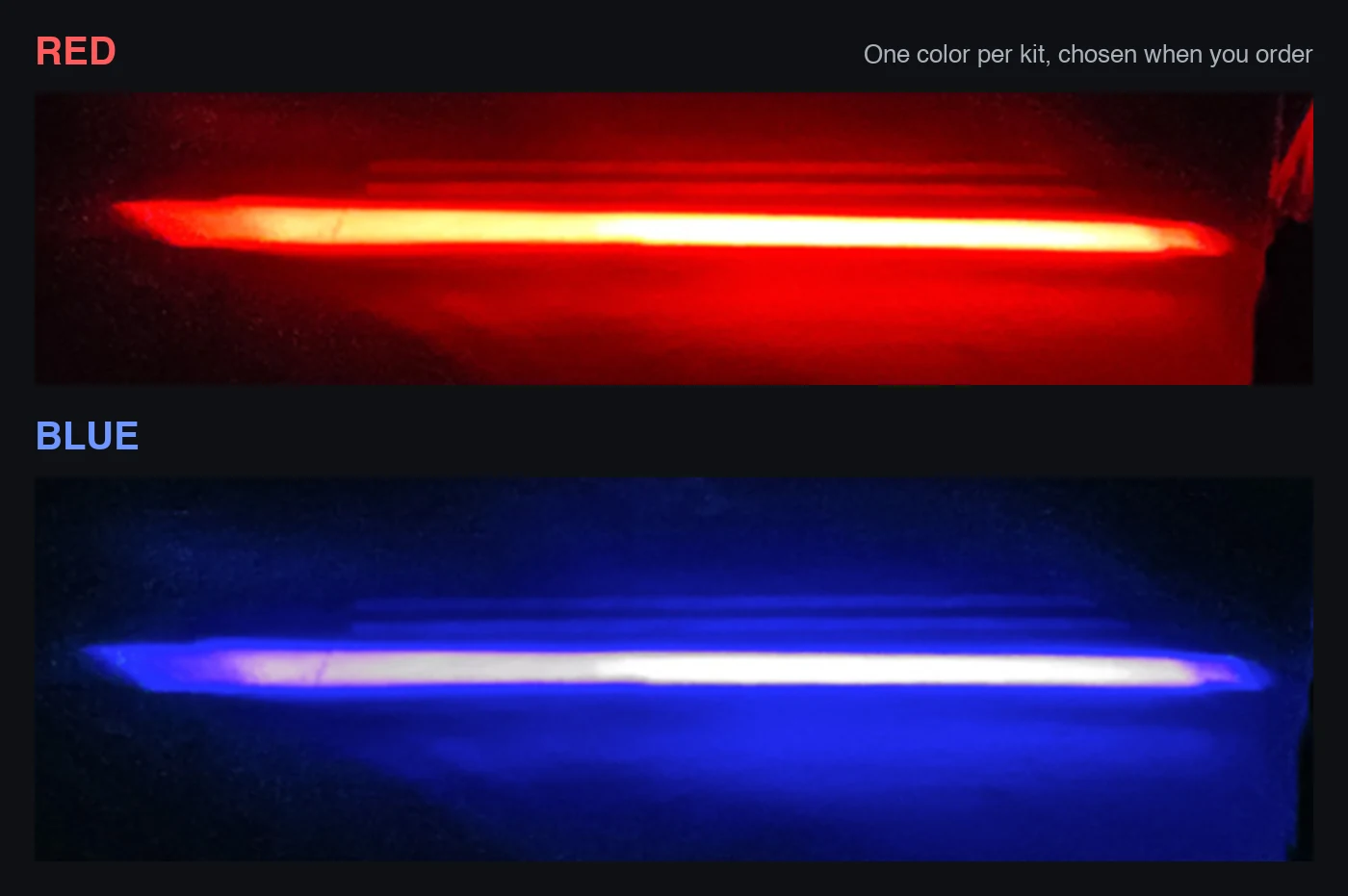 The same boundary line in red and in blue, projected on a floor; one color per kit, chosen when you order — Infinity Projectors
