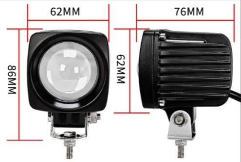 Forklift reversing light, front and side views: 62 mm wide, 86 mm tall, 76 mm deep — Infinity Projectors